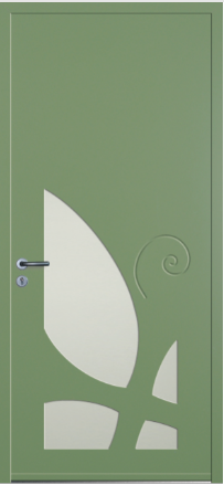 porte design Meltemi monobloc en aluminium par INITIAL (ligne Horizon), avec des formes géométriques vitrées à la base de la porte