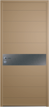 porte design Nirta monobloc en aluminium par INITIAL (ligne Horizon), sans surfaces vitrées avec des stries horizontales divisant la porte en 10 panneaux rectangulaires, mais avec un panneau central en inox