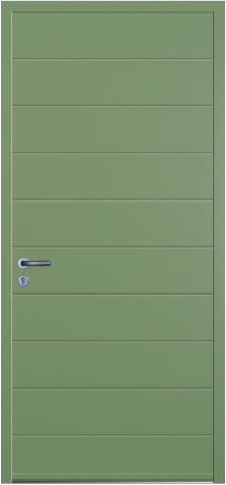porte design Pyrn monobloc en aluminium par INITIAL (ligne Horizon), sans surfaces vitrées avec des stries horizontales divisant la porte en 10 panneaux rectangulaires