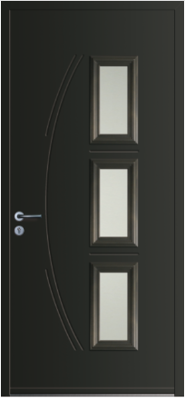 porte design Sirocco monobloc en aluminium par INITIAL (ligne Horizon), avec 3 petites surfaces vitrées rectangulaires réparties verticalement au centre de la porte