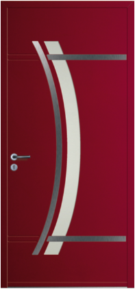 porte design Vendavel monobloc en aluminium par INITIAL (ligne Horizon), avec une surface vitrée peu large et recourbée verticalement le long de la porte et vers la poignée