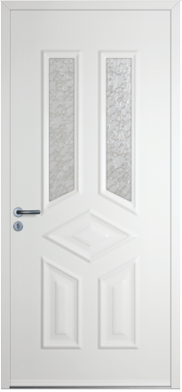 porte en aluminium monobloc du modèle ASTRAKAN par INITIAL , imitation bois, avec 3 panneaux rectangulaires en relief sur la partie inférieure de la porte et deux occulus quadrangulaires verticaux disposés symétriquement sur la prtie supérieure de la porte.