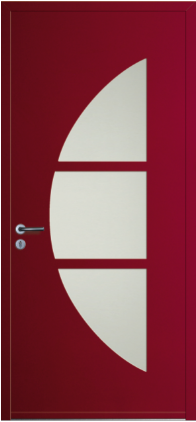 porte design Diablo monobloc en aluminium par INITIAL (ligne Horizon), avec 3 surfaces vitrées séparées formant demi cercle dont la ligne de coupe est tournée vers l'axe de la porte